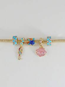 Dainty Ocean Charm Bracelet Set, Gold Adjustable Snake Chain, Rhinestone Turquoise Beads Seahorse Starfish Shell Charms Holiday Jewelry For Women - Yellow Gold - View 6