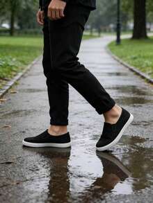Black Canvas Slip-On Shoes, Lightweight Breathable Casual Slip-On Design, Suitable For All Seasons, Daily Commute, Outdoor Walking, Vacation - Black and White - View 4