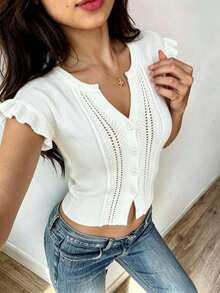 Bohemian Style Women's White Short Sleeve Knit Cardigan, Ruffle Sleeve And Button Detail, Slimming Knit Top For Autumn Layering Summer - White - View 8