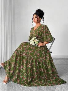 Vestido de manga corta con estampado floral, ligero, elegante y casual para uso diario y vacaciones, para mujer de talla grande, primavera/ve - amarillo ganso - Ver 8