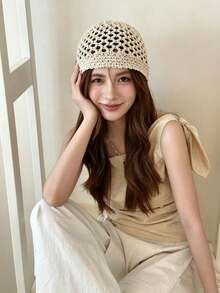 1pc Women's Y2K Cute Casual Fashion Handmade Crochet Hollow Knit Bucket Hat, Suitable For Outdoor, Photography And Daily Wear - Multicolor - View 3