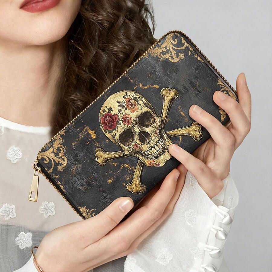 Skull And Bone Design Long Wallet With Zipper, This Multifunctional Handbag Includes Card Slots, Card Holder And Coin Pocket. It Features A Fashionable Double-Sided Pattern, Perfect For Both Men And Women. - Multicolor - View 1