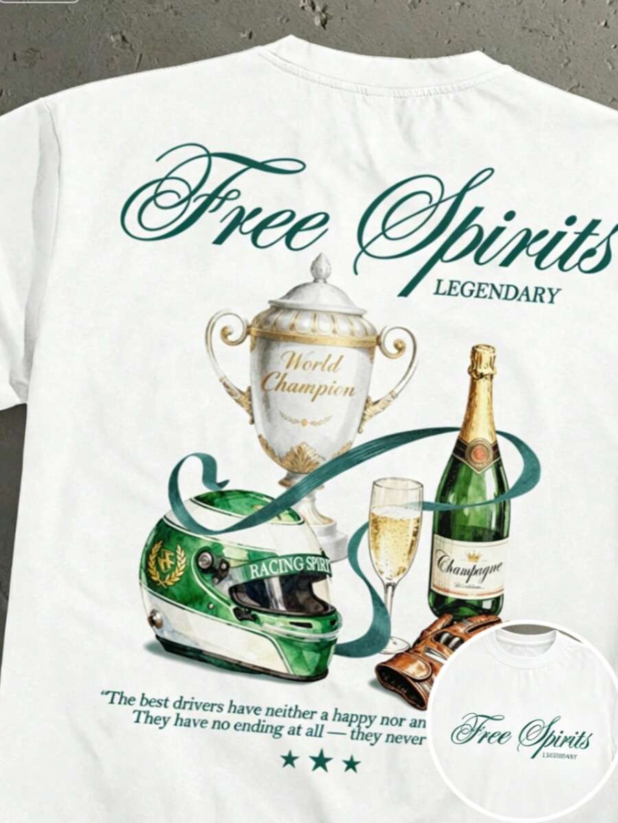 Vintage American Racing Champion Trophy Print Short-Sleeve T-Shirt, Loose Fit, Casual Fashion For Dates And Meetings, Ideal Gift For Boyfriend - 白色 - 查看 1