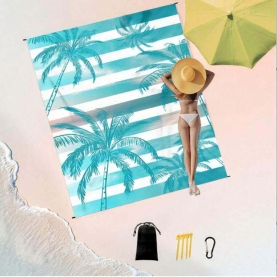 1 Piece 185*235CM Striped Coconut Tree Printed Waterproof And Sandproof Fabric Oversized Beach Blanket, Lightweight And Durable Suitable For Seaside Leisure Vacation Travel Outdoor Camping Picnic Mat - Multicolor - View 1
