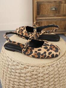 XBYASDF Sepatu Flat Wanita Ujung Persegi, Sepatu Pumps Slingback Bertali Belakang Motif Leopard Cokelat, Sepatu Kasual Retro yang Nyaman - Coklat - View 6