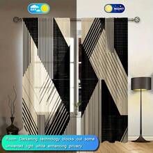 2 pièces Rideaux à lignes géométriques contrastées noir & beige, rideaux imprimés unilatéraux de style minimaliste moderne, rideaux à impression plate 2D, translucides, avec poche pour tringle, sans doublure, rideaux géométriques, décoration de fenêtre pour salon, chambre, bureau, rideaux uniquement, sans accessoires - Multicolore - Voir 11