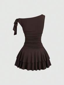 Vestido de moda con decoración de flor de metal, cuello asimétrico y dobladillo con volantes para mujer - Rojo violeta - Ver 3
