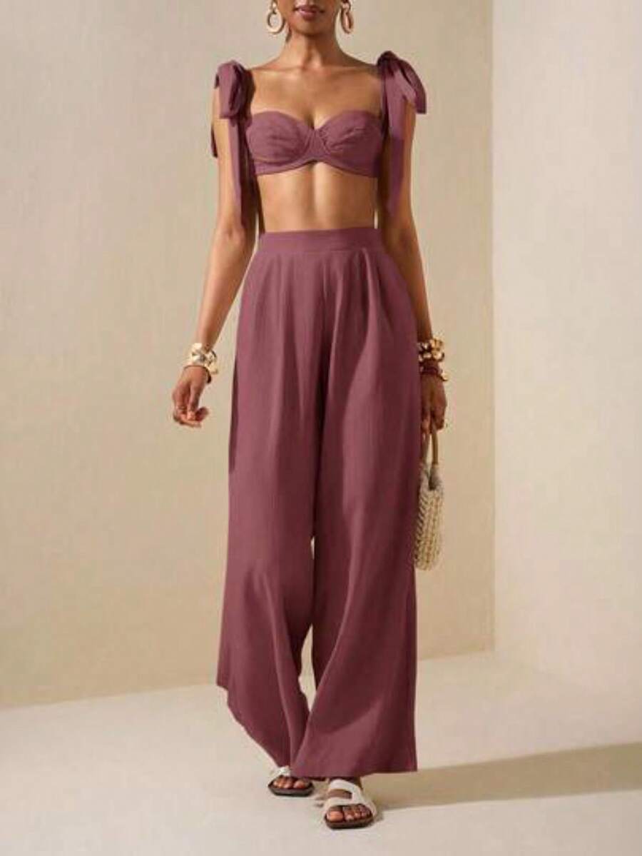 Conjunto de dos piezas para mujer compuesto por top corto con cuello en forma de corazón, tirantes con lazo y envoltura en el pecho + pantalone - Rosa vieja - Ver 1