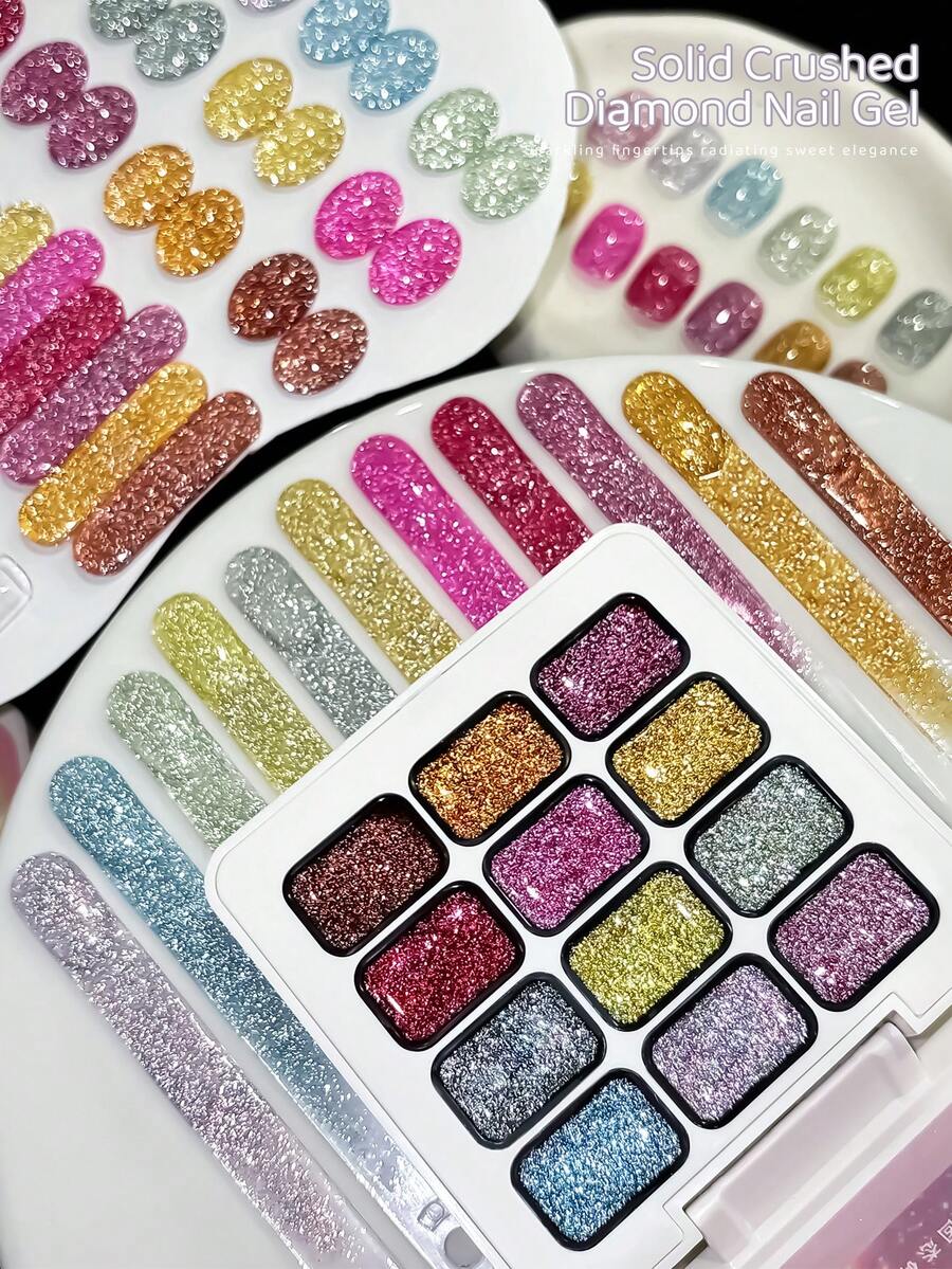 XEIJAYI 12 Colores Esmalte de Uñas Gel con Patrón de Purpurina y Piedras Brillantes de Alta Saturación Semisólido, Adecuado para Uso Especial en Salones de Uñas
