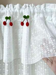 1 Panel Pure White Lace Sheer Half Curtain With Rod Pocket Design, Door Curtain, Decorative Window Curtain With Cherry Accents - White - View 1