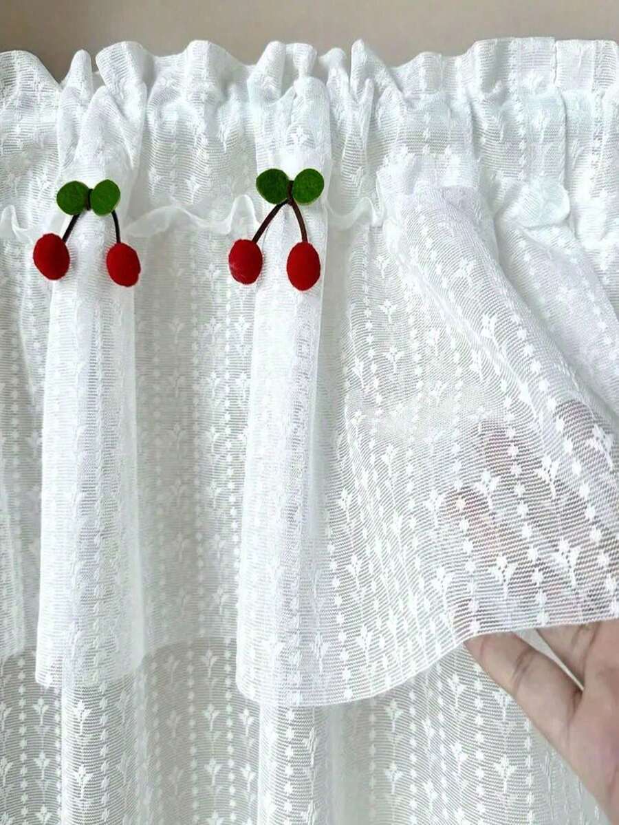 1 Panel Pure White Lace Sheer Half Curtain With Rod Pocket Design, Door Curtain, Decorative Window Curtain With Cherry Accents - White - View 1