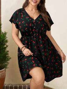Comfylo Vestido de manga corta con cuello en V y estampado floral para vacaciones en tallas grandes - Negro - Ver 1