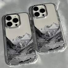 1個電鍍金屬按鈕透明極簡個性酷雪山圖案手機殼 適用於 iPhone 16 Pro Max/17/16/15/14 Plus/13/12/11 保護殼 Air - 彩色 - 查看 3