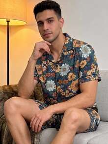 Men's 2-Piece Short Sleeve & Shorts Pajama Set, Comfortable Loungewear, Sunflower Fashion Casual Lapel Home Wear - Multicolor - View 3