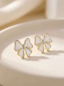 1 Pair Gold Elegant Enamel Bow Stud Earrings For Women, Minimalist Sweet Design, Suitable For Daily Commute And Party Wear - bow earrings - View 10