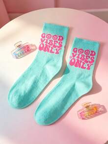 1雙女款卡通笑臉與「Good Vibes Only」字母印花青綠色中筒襪 - 藍色 - 查看 3