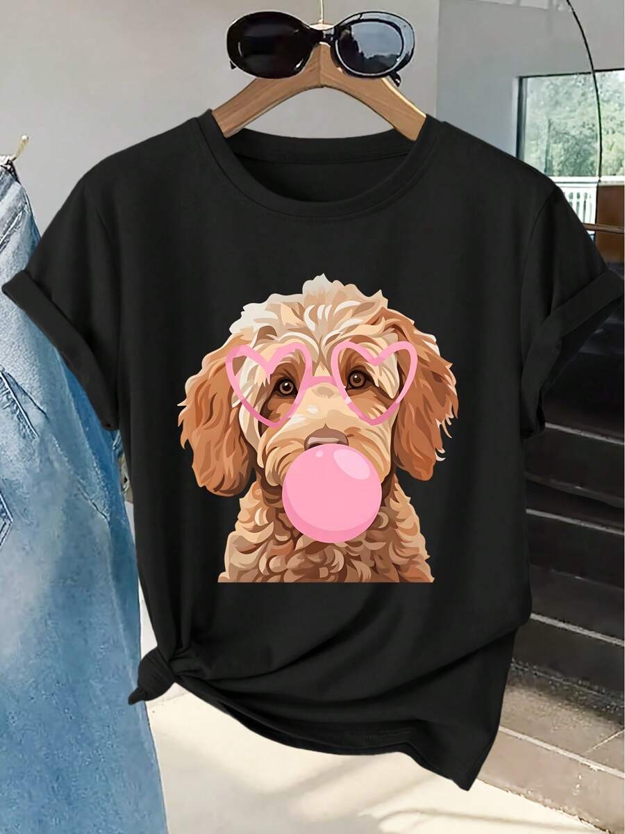 Women's Short-Sleeved T-Shirt With A Fun "Bubblegum" Poodle Print, Round Neck, Machine Washable, Skin-Friendly, Soft, Breathable, Suitable For Spring. - Black - View 1