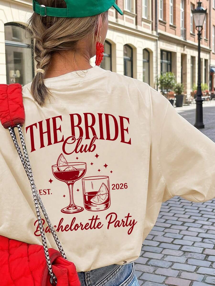 2026 Bride Club Vintage Cocktail Graphic Back Print Loose Short Sleeve T-Shirt, Casual Comfortable Bride Party Top, Suitable For Bachelorette Party, Bride Party, Girls' Night, Pre-Wedding Trip, Vacation Outfit And Daily Streetwear - Apricot - View 1