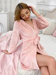 1pc Women's Pink Flannel Long Sleeve Robe With Pockets Rabbit Ears Cartoon Hooded Bathrobe Autumn/Winter New Pajamas - Pink - View 4