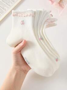 4/5Pairs Women's Solid Color, Ruffle Trim, Cable Knit Print Crew Socks Mid-Calf Socks, Soft And Comfortable, Suitable For All Seasons, Random Colors - Multicolor - View 9