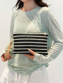 Fashion Spring/Summer New Hand-Carried Document Bag Hand-Held Envelope Bag Casual Black And White Color Block Striped Multi-Use Hand-Carried Straw Woven Colorful Envelope Women's Bag - Black and White - View 5