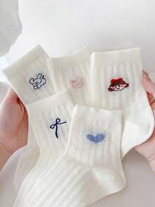 5 Paar zufällig sortierte Damen-Socken in Reinweiß mit Cartoon-Tier-Schleifenmuster, atmungsaktiv, frisch, süß, im mädchenhaften Stil, mittellange Socken, geeignet für den täglichen Gebrauch, Zuhause und als Geschenk - Verschiedenfarbig - Übersicht 6