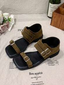 1 Pair Women's Green Buckle Flat Sandals, Elegant Commuter Style, Spring/Summer Fashion, Comfortable Versatile Sandals - Olive Green - View 8