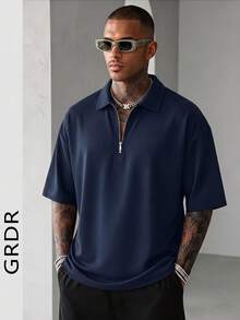 GRDR 男士夏季半拉链 Polo 衫，纯色经典短袖，适合户外休闲穿着 - 藏蓝色 - 查看 4