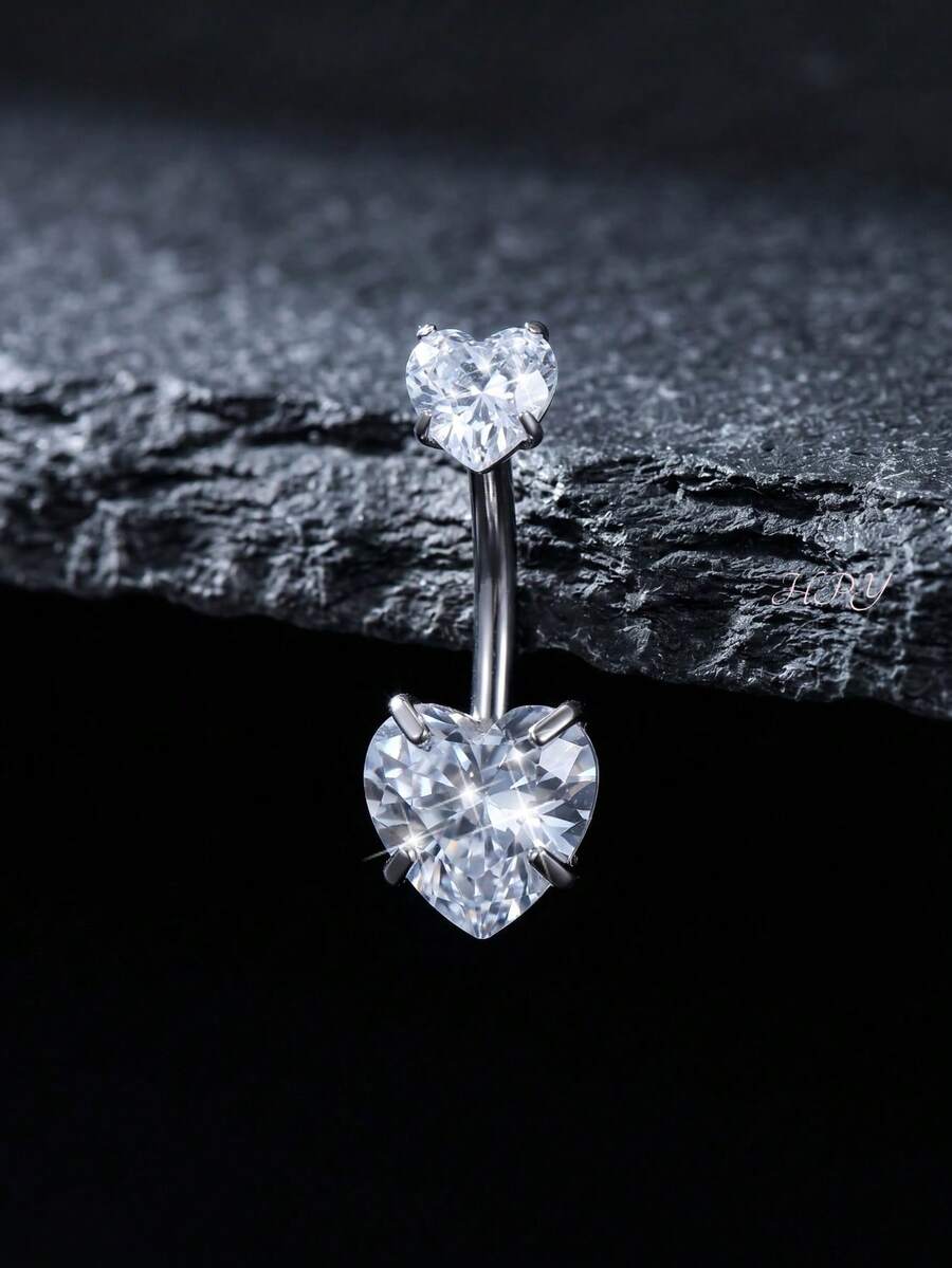 1pc Silver Casual Fashion Stainless Steel Heart-Shaped Cubic Zirconia Belly Ring, Suitable For Women, Valentine's Day, Christmas, Thanksgiving, Halloween, Easter, Bar, Dance Party, Beach Party, Birthday Gift, Daily Wear - Silver - View 1