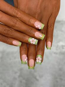 10pcs/Set Y2K Nails Handmade, Pink Nails, Green Cat's Eye Nails, Green French Tip Nails, 3D Pink Flowers Nails, Perfect For Parties & Daily Wear. Short Square Nails. Handmade Press On Nails Square, Fake Nails, Acrylic Nails, Short Nails, Summer Nails - Multicolor - View 3