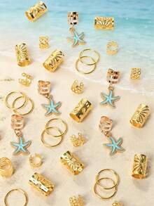 35/70 pièces Élastiques à cheveux série étoile de mer océan pour filles, ensemble d'anneaux à cheveux en alliage de style bohème vintage, convient pour la plage et les scènes de vacances - Multicolore - Voir 2
