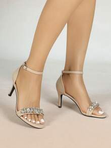 Sandal Wanita Musim Semi/Panas Terbaru yang Nyaman untuk Pesta Malam/Liburan, Bertali Pergelangan Kaki, Hak Blok, dan Hiasan Berlian Imitasi - Aprikot - View 3