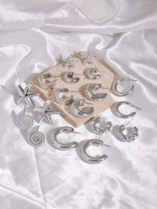3/9 Pairs Large C-Shape/Starfish/Shell Shaped Silver-Plated Women's Earrings Set, Suitable For Beach Vacation And Daily Wear - Silver Gray - View 2