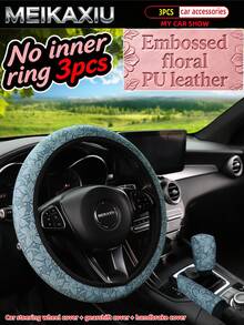 MEIKAXIU 3pcs Set 3D Embossed Floral PU Leather Car Steering Wheel Cover, Handbrake Cover, Gear Shift Cover, Manual Transmission Car Interior Accessories For Women - 3D Carved PU Leather - View 12