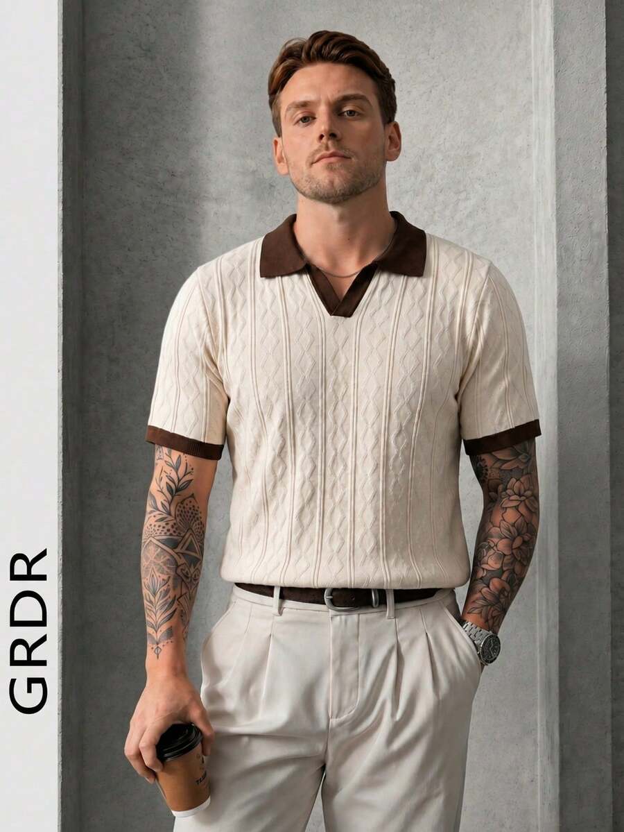 GRDR Men's Summer Round Neck Solid Color Short Sleeve Knit Sweater, Suitable For Summer Outings, Essential For Fashionable Styling - Apricot - View 1