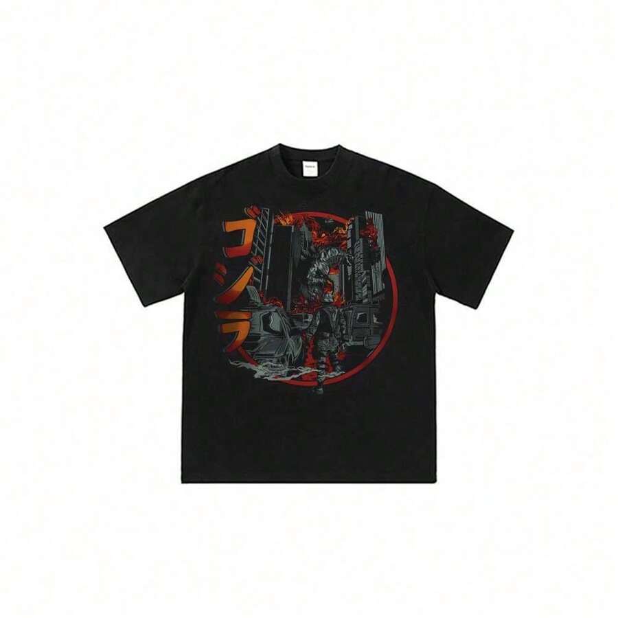 Godzillass City Attack 2026 Japanese Anime T-Shirts For Men, Funny And Cute Cartoon T-Shirts For Women, Short Sleeve T-Shirts, Kawaii Print T-Shirts, C - 黑色 - 查看 1