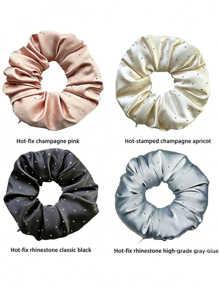Invisible Built-In Zipper Large Capacity Storage Scrunchie, Premium Glossy Satin Rhinestone Hair Tie, Can Store Lipstick, Bluetooth Earbuds, Cash, Jewelry, Watch, Versatile Gentle Large Hair Tie For Commuting, Multiple Colors Available - Stitched Diamond Sequin Satin Braided Hairband - View 1