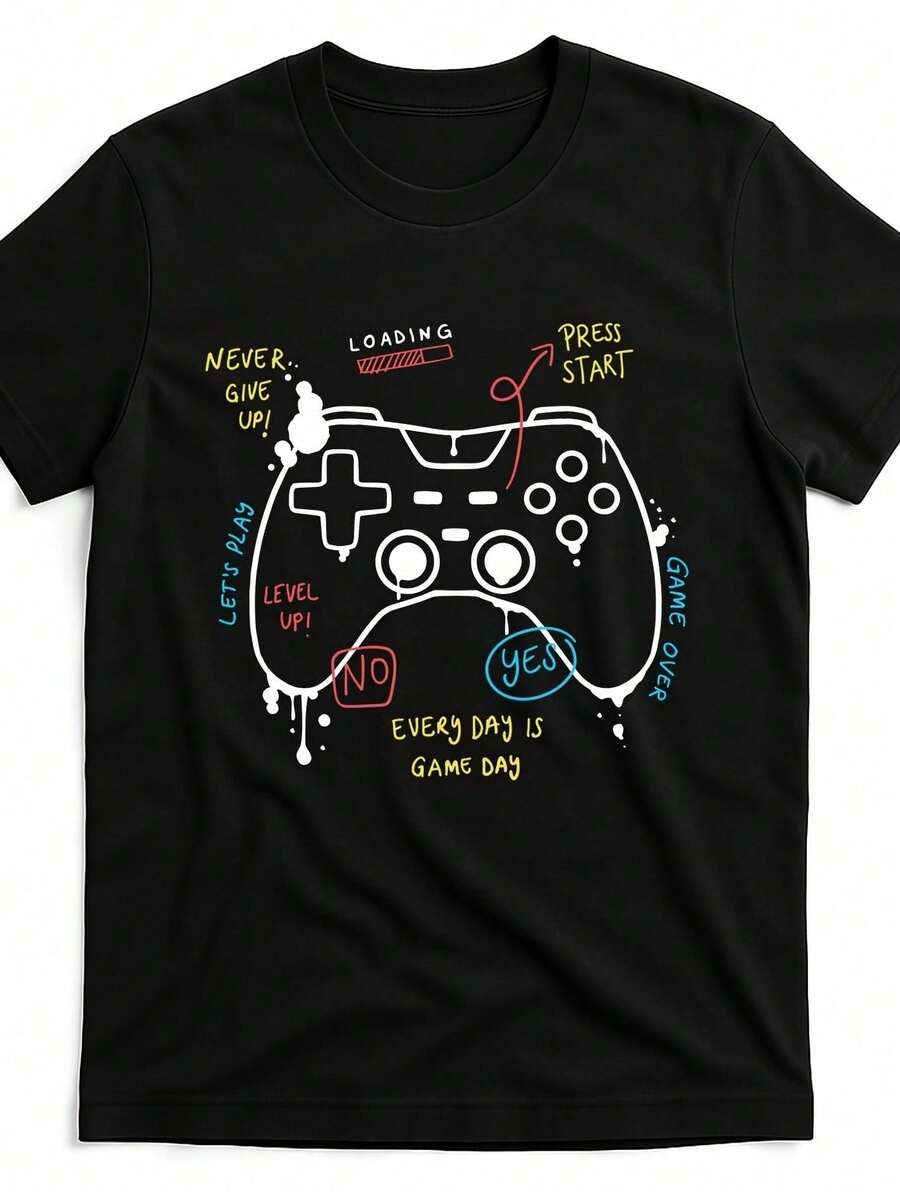Camiseta de Polyester hombre, divertida camiseta de videojuegos jugadores, suave y transpirable, cuello redondo casual, manga corta, perfecta ropa informal, ropa divertida todo el año, - Negro - Ver 1