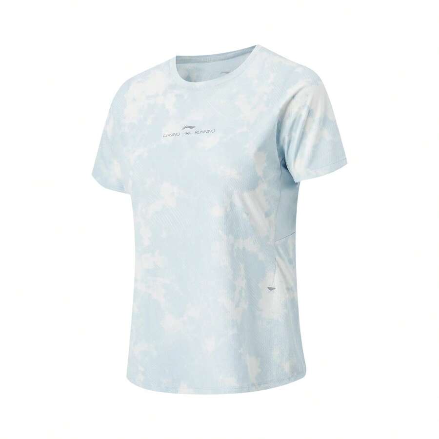 Li-Ning 女款快乾反光 T-Shirt ATSW146,透氣涼感跑步健身上衣 - 初霜藍滿底印 - 查看 1