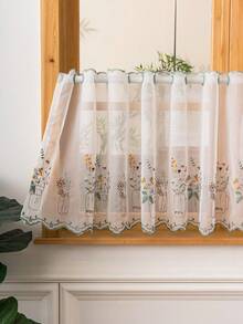 1件清新花卉花瓶刺繡咖啡色窗簾，廚房小窗簾，適用於廚房櫥櫃、凸窗、門簾隔斷，居家裝飾 - 米色 - 查看 5