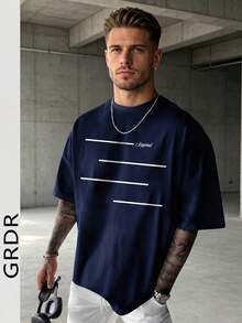 GRDR Men's Summer Casual Healing Style Line Print Round Neck Short Sleeve T-Shirt - Navy Blue - View 3