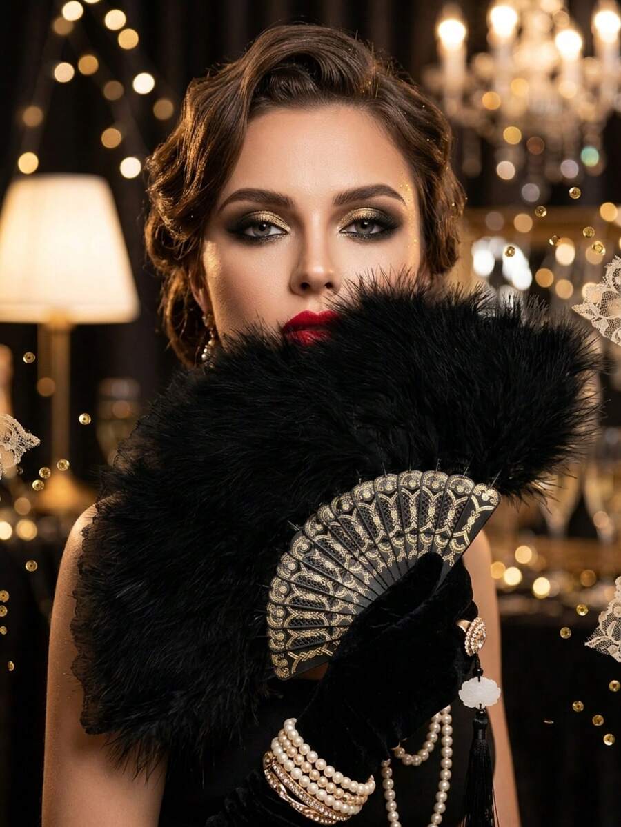 1pc Luxury Plush Feather Hand Fan, Suitable For Wedding/Bachelorette Party/Halloween/Themed Party, Performance And Cosplay Accessory - Multicolor - View 1