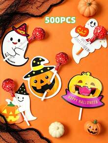 500PCS/200PCS/100pcs/50pcs/25PCS Halloween Themed Lollipop Decorations, Halloween Christmas Gift Cards, Creative Design Halloween Ghost Pumpkin Lollipop Decorative Card Paper, Suitable For Halloween Party Supplies - Multicolor - View 14