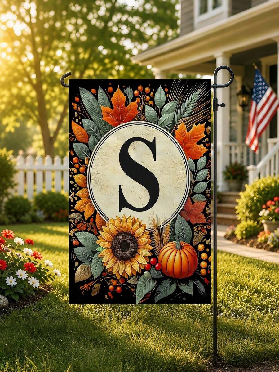 Autumn-Themed Garden Flag With Optional Initial (12.5 X 18 Inches, Double-Sided Print, Featuring Sunflowers And Pumpkins) - 1pc - View 1