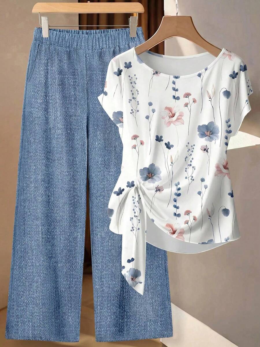 Clasi Conjunto de 2 piezas de camisa con lazo verde minimalista casual y pantalones rectos sueltos con estampado geométrico, adecuado para principios de otoño - Rojo - Ver 1