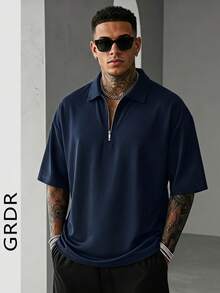GRDR 男士夏季半拉链 Polo 衫，纯色经典短袖，适合户外休闲穿着 - 藏蓝色 - 查看 5