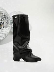 2025 Women's Foldable Knee-High Boots, Pointed Toe High Heel Shark Knee Boots, Fashion Mid-Calf Boots With Cool Side Zipper - Black - View 3