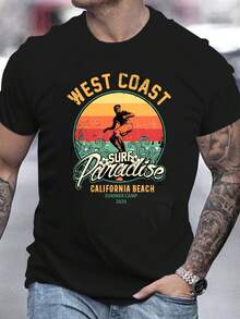 Men's Pure Cotton Oversized Short-Sleeve T-Shirt West Coast Surf Paradise Graphic Print Casual Tee - Black - View 6