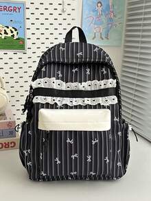 Cute Bow Striped Backpack, Ultra-Light Teen Student School Bag, Women's Casual Daily Commute Backpack, Back To School Season - Multicolor - View 13
