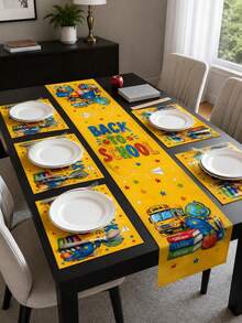 1pc-Back To School Table Runner And Placemats Set, Yellow School Bus Linen Table Decor With Books, Apple, Globe And Stars For Welcome Back Party, Teacher Classroom, Dining Room And Kitchen - Multicolor - View 7